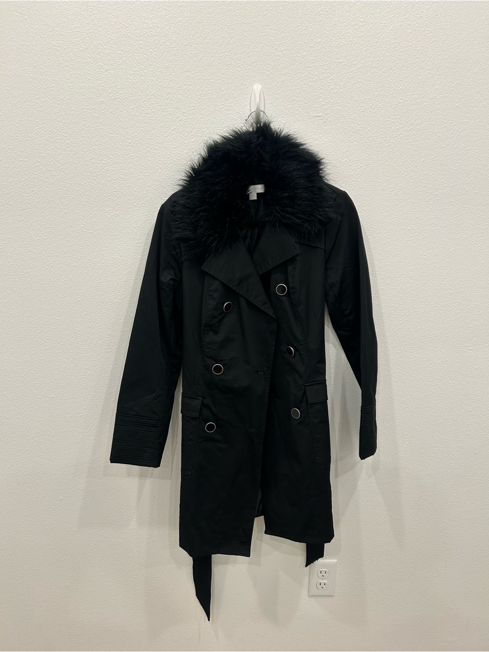 New York & Company Black Trench Coat with Faux-Fur Collar
